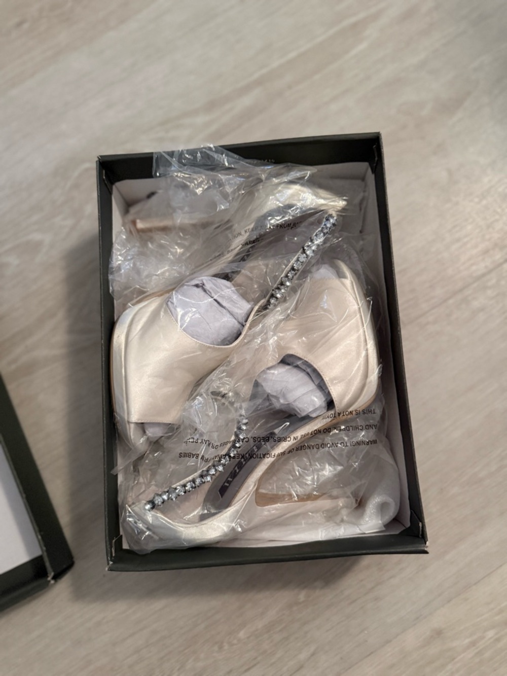 Vera Wang Pearl Satin Peep-Toe Heels with Crystal-Encrusted Strap
